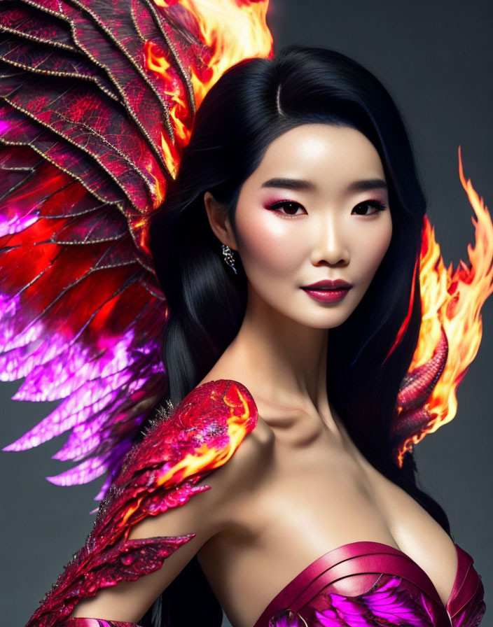 Woman with Winged, Fiery Makeup and Matching Dress and Wings