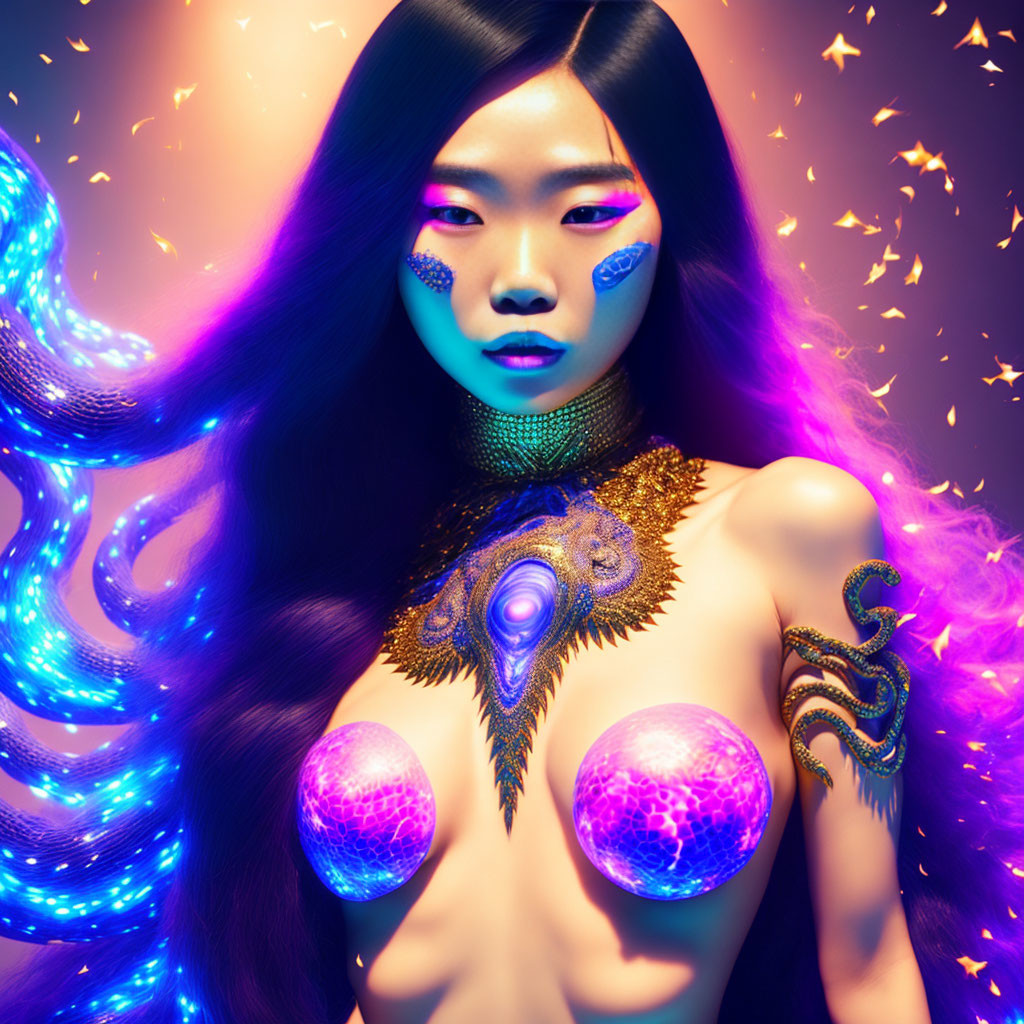 Woman adorned in artistic body paint under colorful neon lights