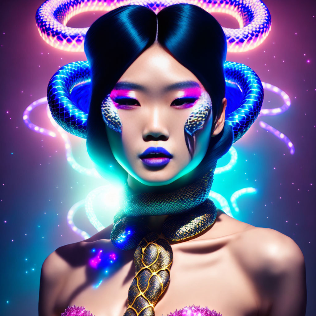 Woman with snake-themed hairstyle in futuristic neon rings