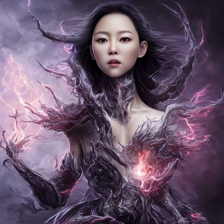 Fantastical portrait of a woman with glowing, branch-like structures on purple backdrop