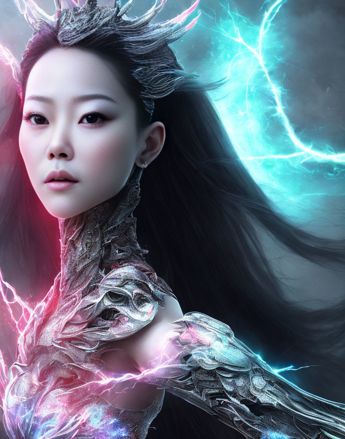 Digital portrait of Asian woman with luminous lightning hair and dragon-scale armor