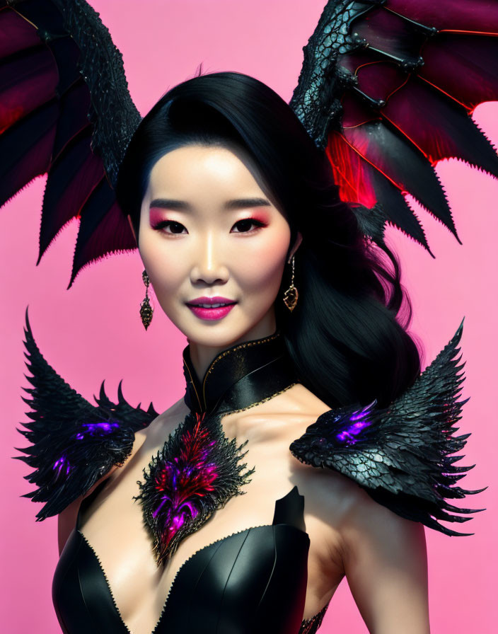 Dark angel woman in black outfit with black wings on pink background