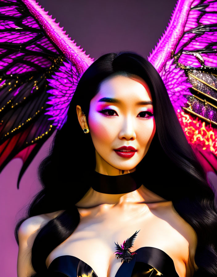 Dark-haired woman with bold makeup on purple background with black and pink angel wings.