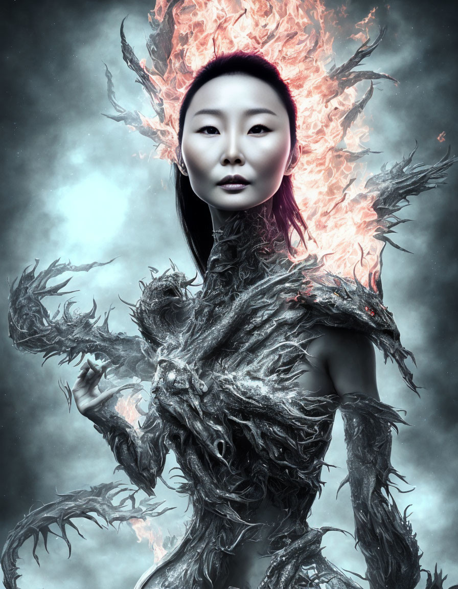 Ethereal figure with fiery hair and branch-like attire in misty setting