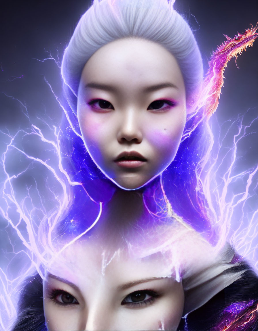 Digital artwork: Two merging ethereal women's faces, vibrant purple lightning, colorful dragon-like creature