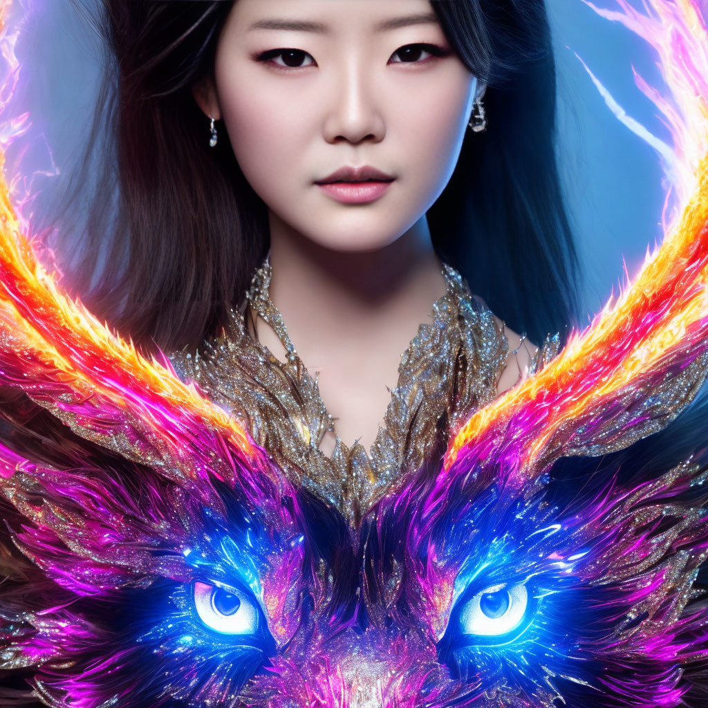 Long-haired woman with earrings and fantastical wolf with glowing blue eyes and iridescent feathers.