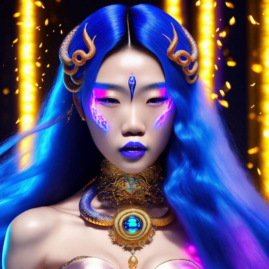 Woman with Vibrant Blue Hair and Ornate Gold Makeup on Glittery Golden Background