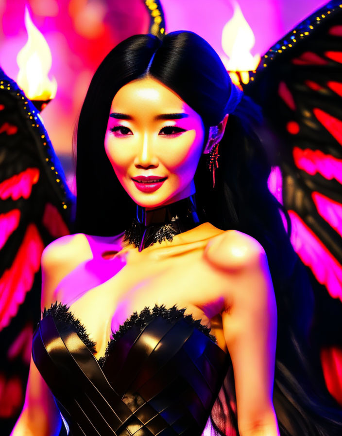 Person with black wings in dark dress poses confidently against fiery backdrop