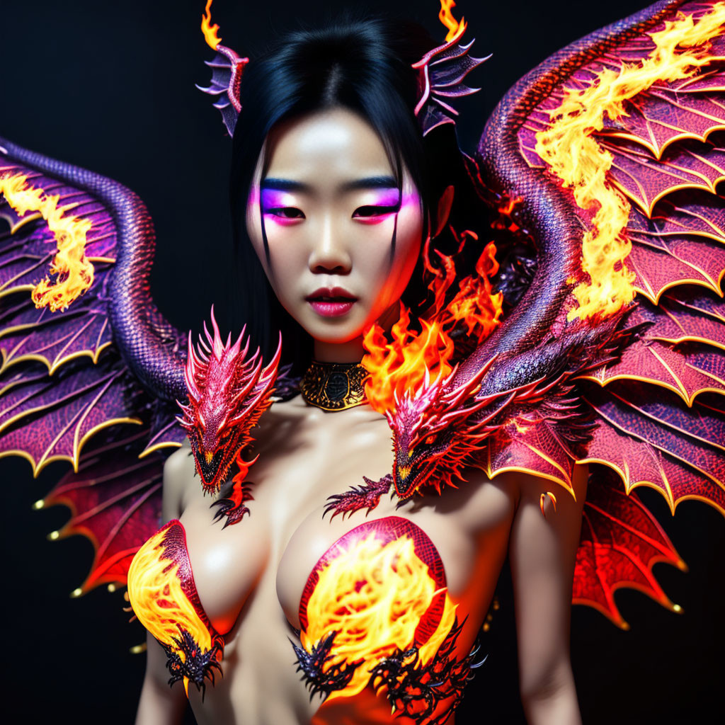 Fantastical woman with dragon wings and fiery elements in vibrant colors