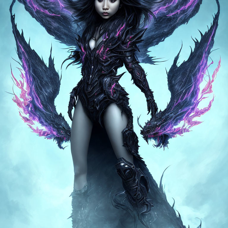 Dark Fantasy Illustration: Female Figure with Dramatic Wings and Armor