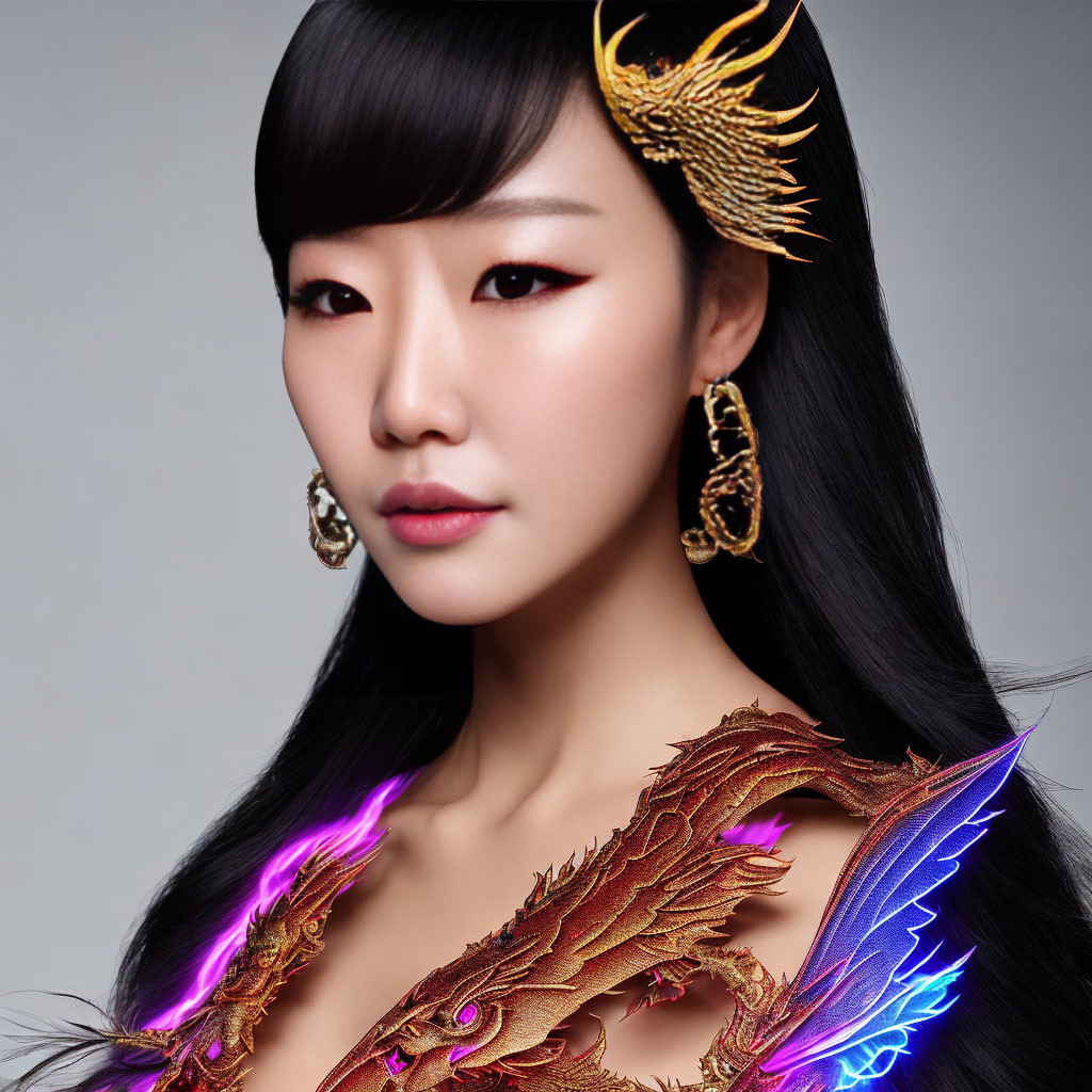 Long black hair woman in dragon-themed earrings and neon shoulder piece on gray background