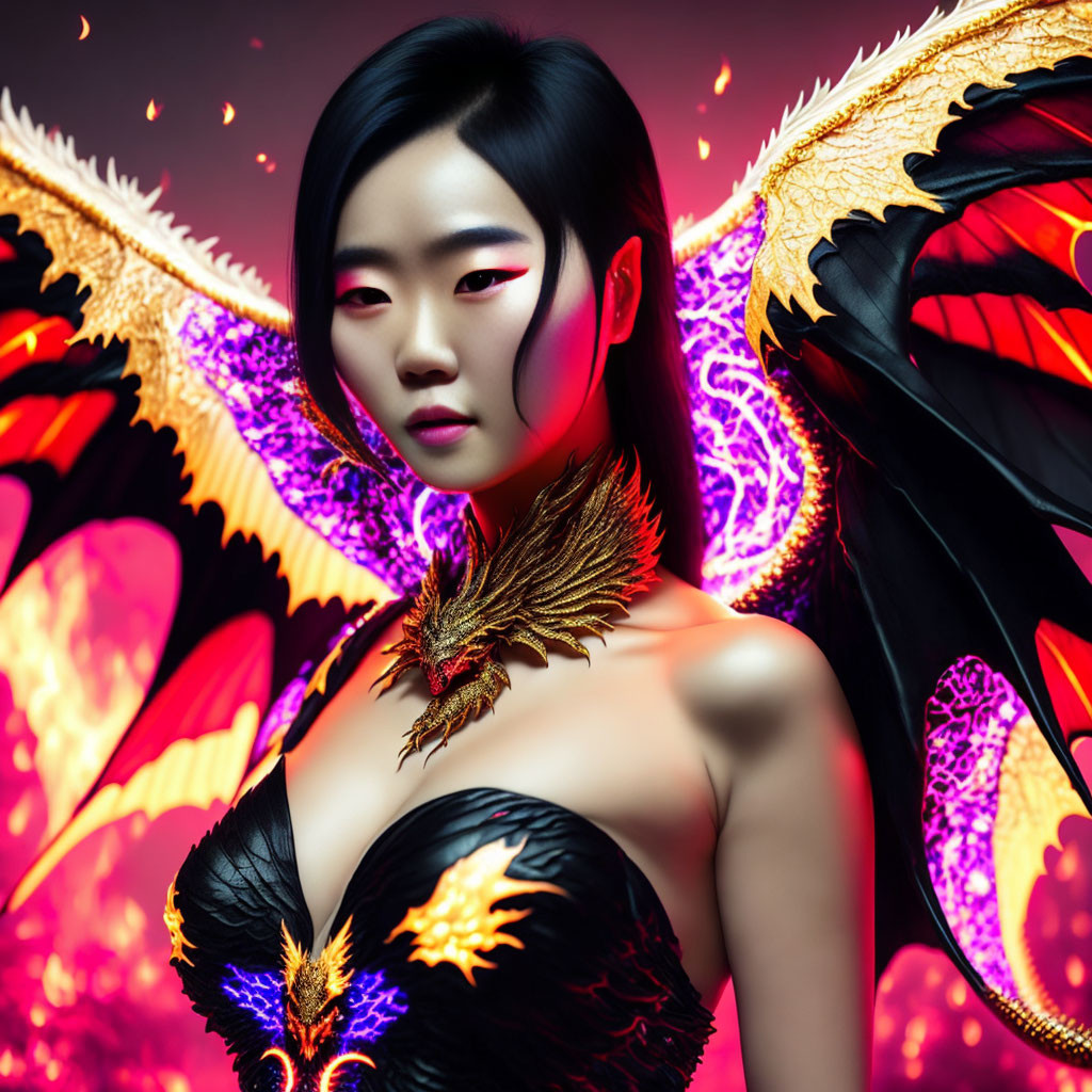 Ethereal woman in dark dress with golden accents and purple butterfly wings on fiery red background