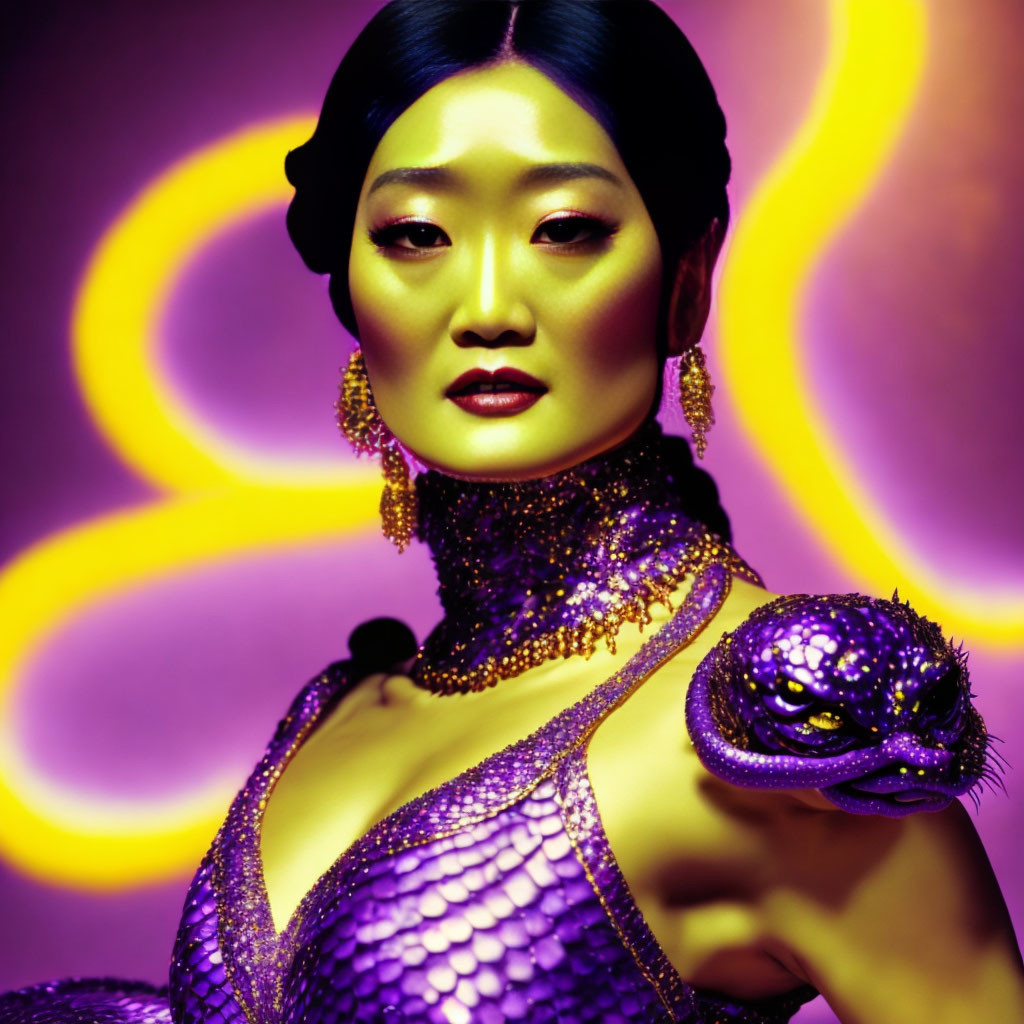 Woman in ornate purple outfit with reptile on yellow swirl backdrop