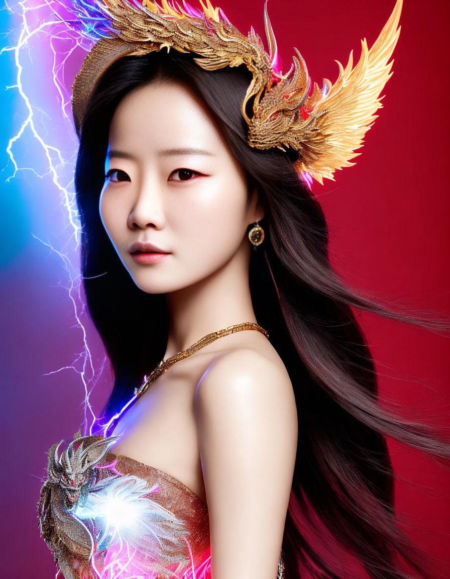 Woman with Dragon-Themed Headdress on Red-Blue Lightning Background