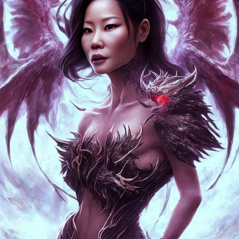 Illustrated female figure with wings and dark feathery attire and red amulet.