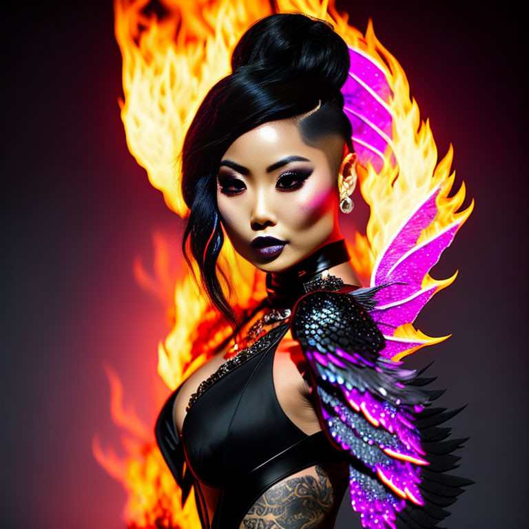 Woman with fiery wings, bold makeup, tattoos, and black outfit on dark background