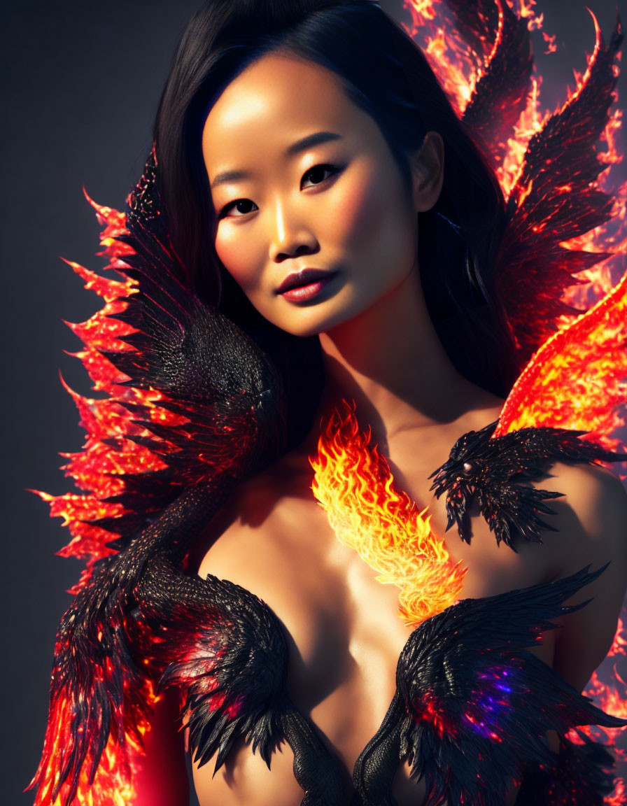 Dark-Haired Woman with Fiery Wings and Flames Staring Intensely