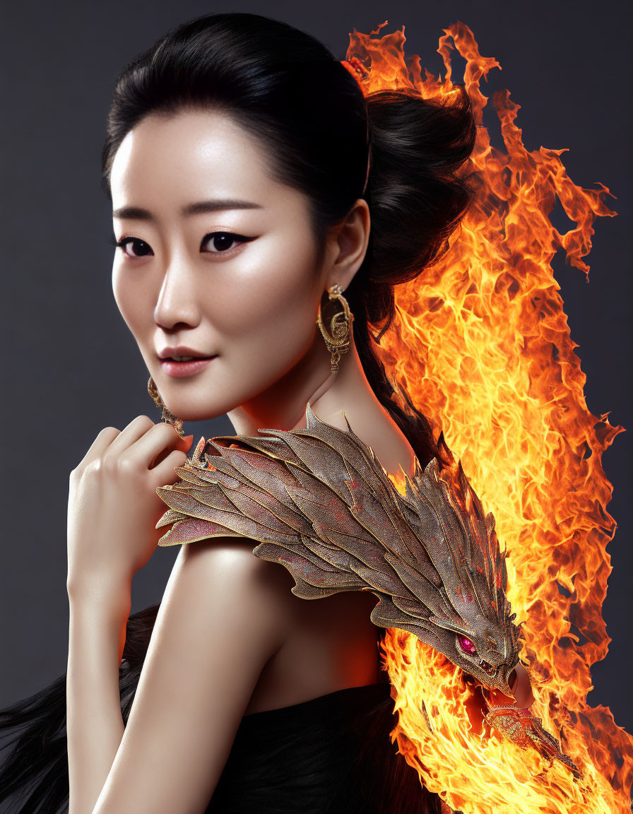 Woman with flaming wing effect and dragon-inspired shoulder piece poses with gold earrings.