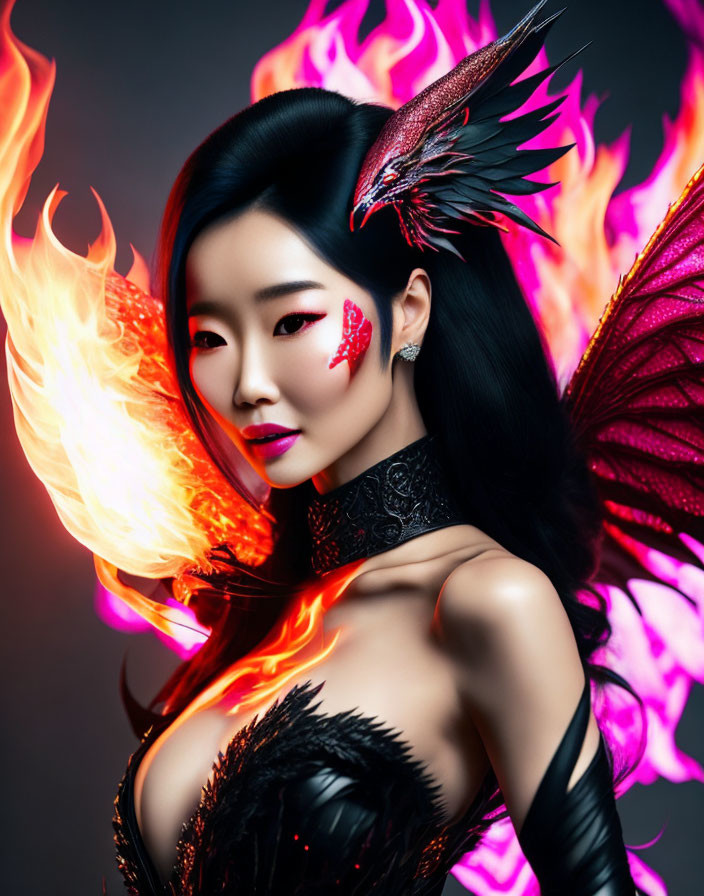 Fantasy-themed image of woman with fiery wing and red dragon