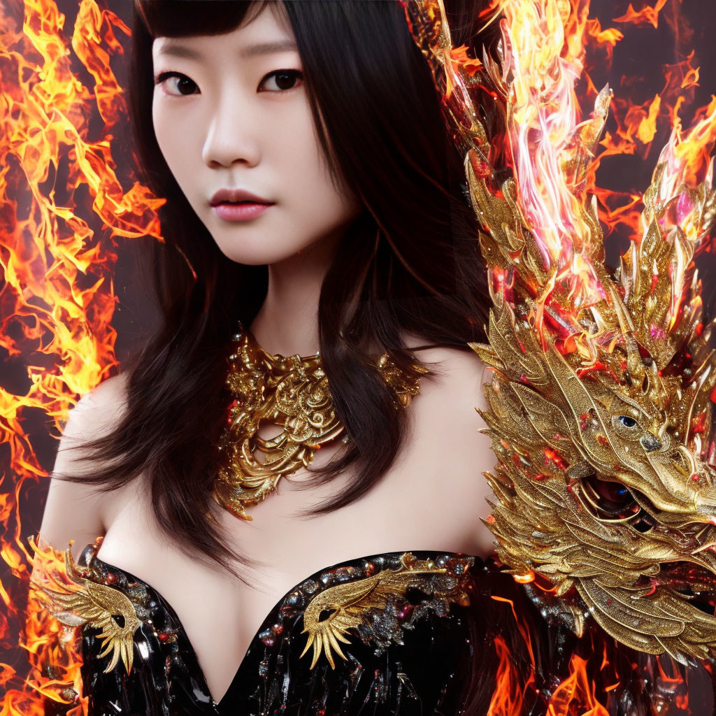 Serene woman in black outfit with fiery wings backdrop