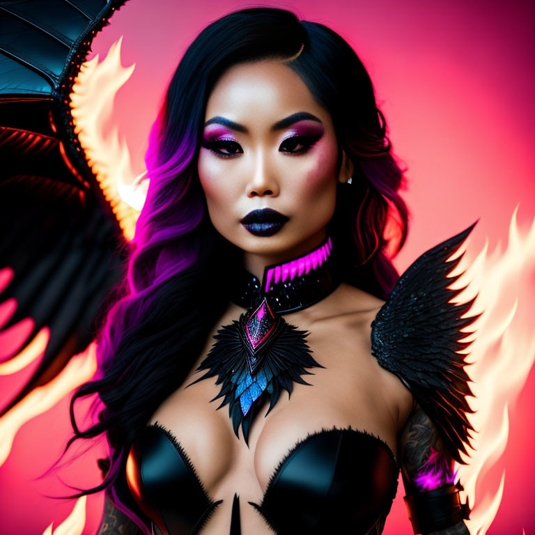 Woman with Bold Makeup and Winged Accessories in Flames