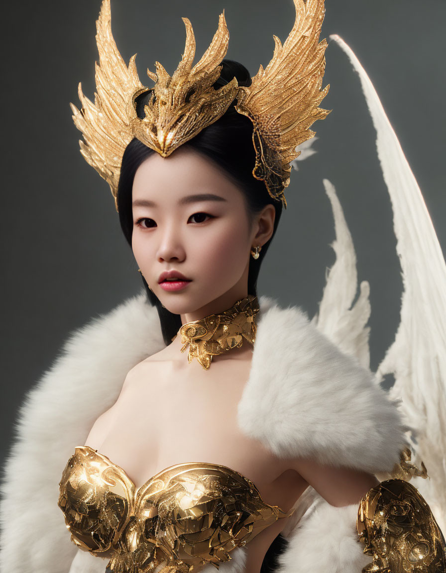 Golden dragon-themed headdress and shoulder armor on woman with white fur, gray background