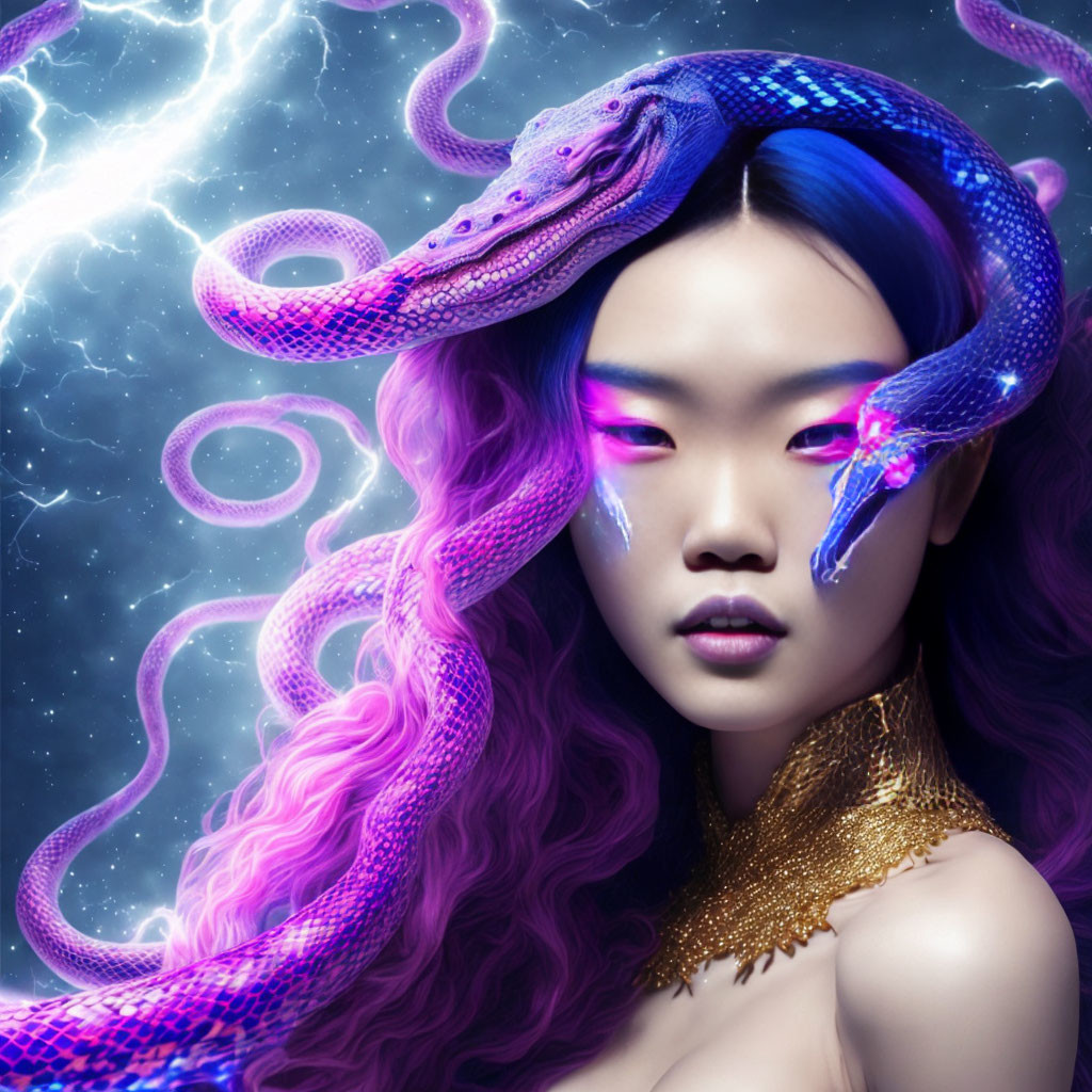 Blue-haired woman with purple serpent in mystical space setting with lightning bolts