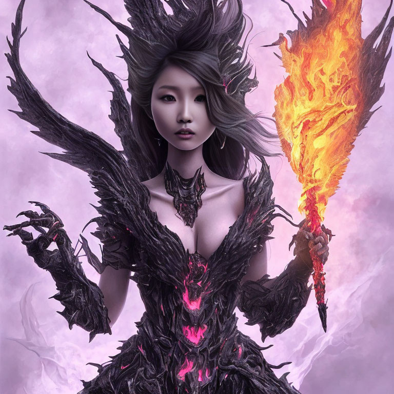 Fantasy artwork of woman in dark armor with flaming torch on mystical purple background