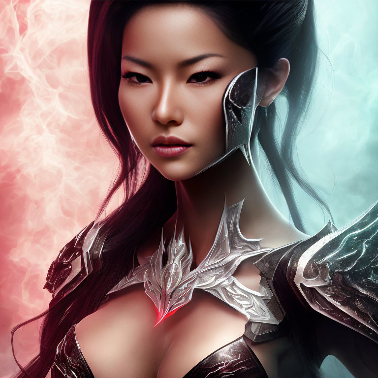 Asian female warrior in futuristic silver armor with glowing red accent on pink and blue nebulous background