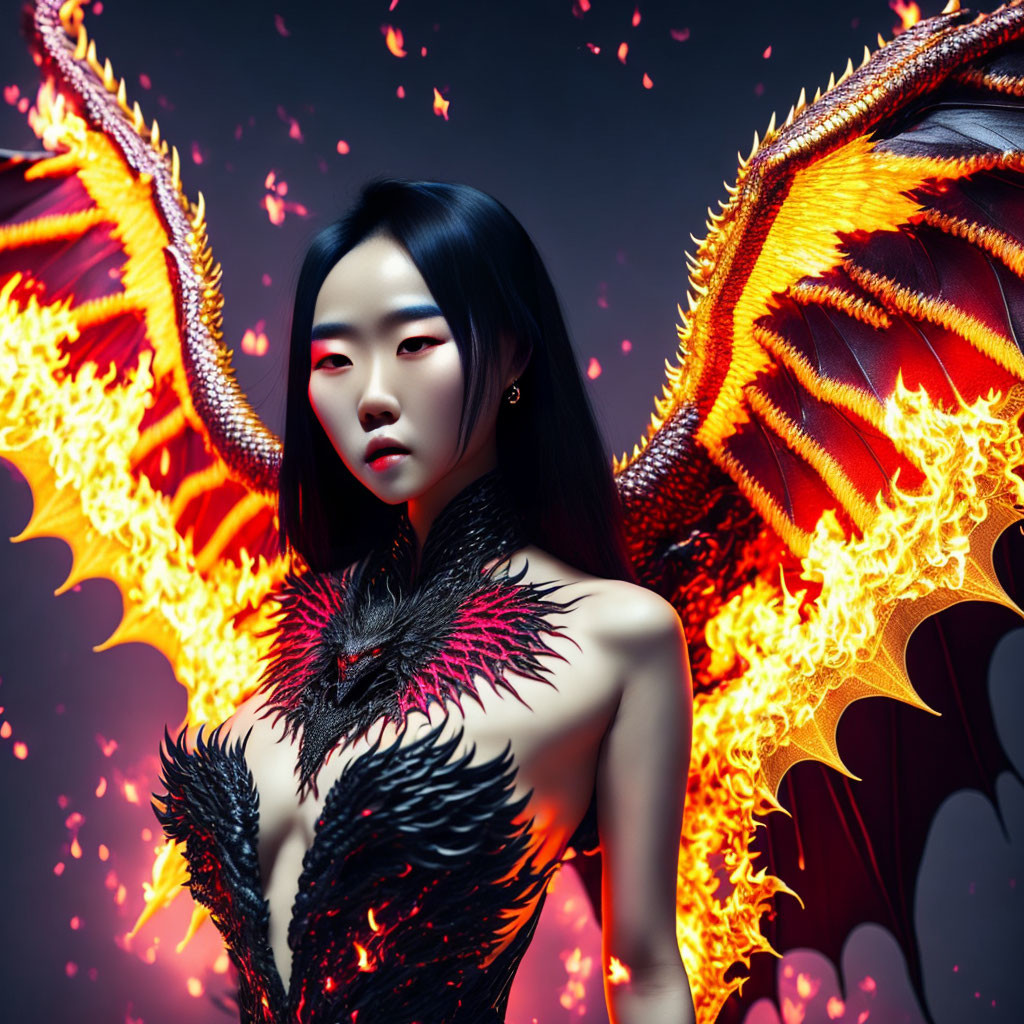 Dark-haired woman in feathered garment before fiery dragon wings on dark background.