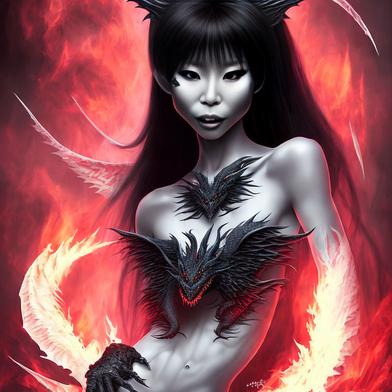 Fantasy illustration of woman with horns, dark hair, pale skin, surrounded by flames, dragon-themed