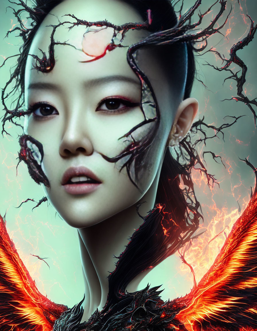 Fantasy-themed digital portrait with dark branching structures and fiery elements.