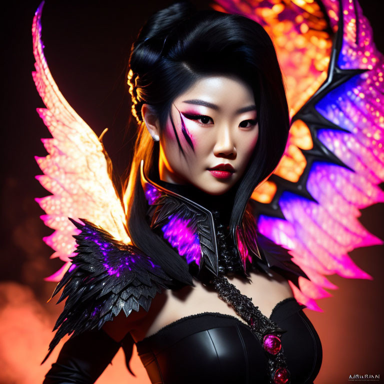 Dark-haired woman with dramatic makeup and vibrant iridescent wings on dark background