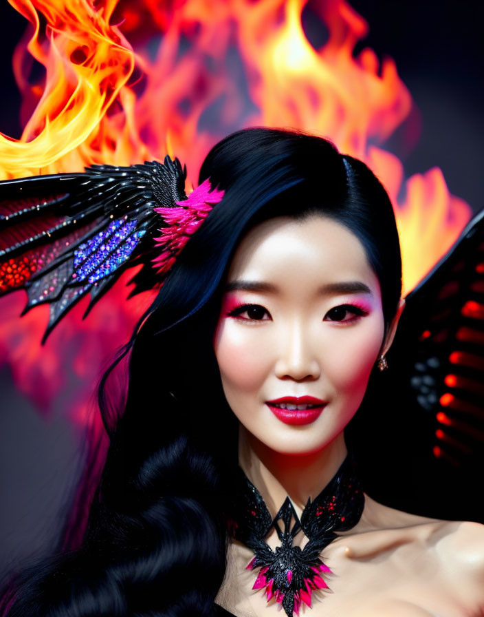 Dark-haired woman with winged accessories and red lipstick on flaming backdrop.