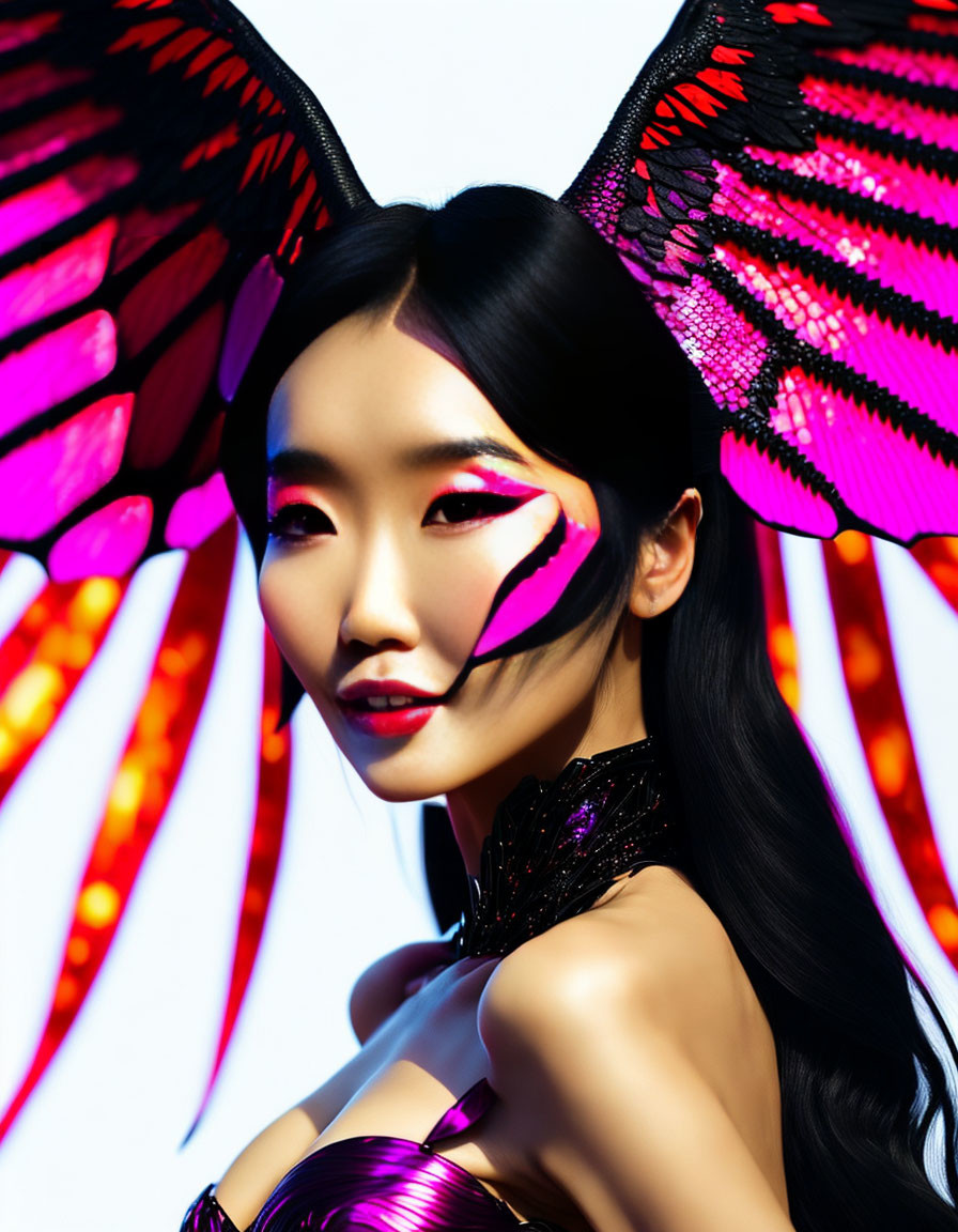 Colorful Butterfly-Inspired Makeup and Wings on Woman