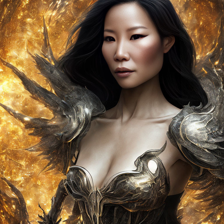 Ethereal woman in metallic winged armor on fiery golden backdrop