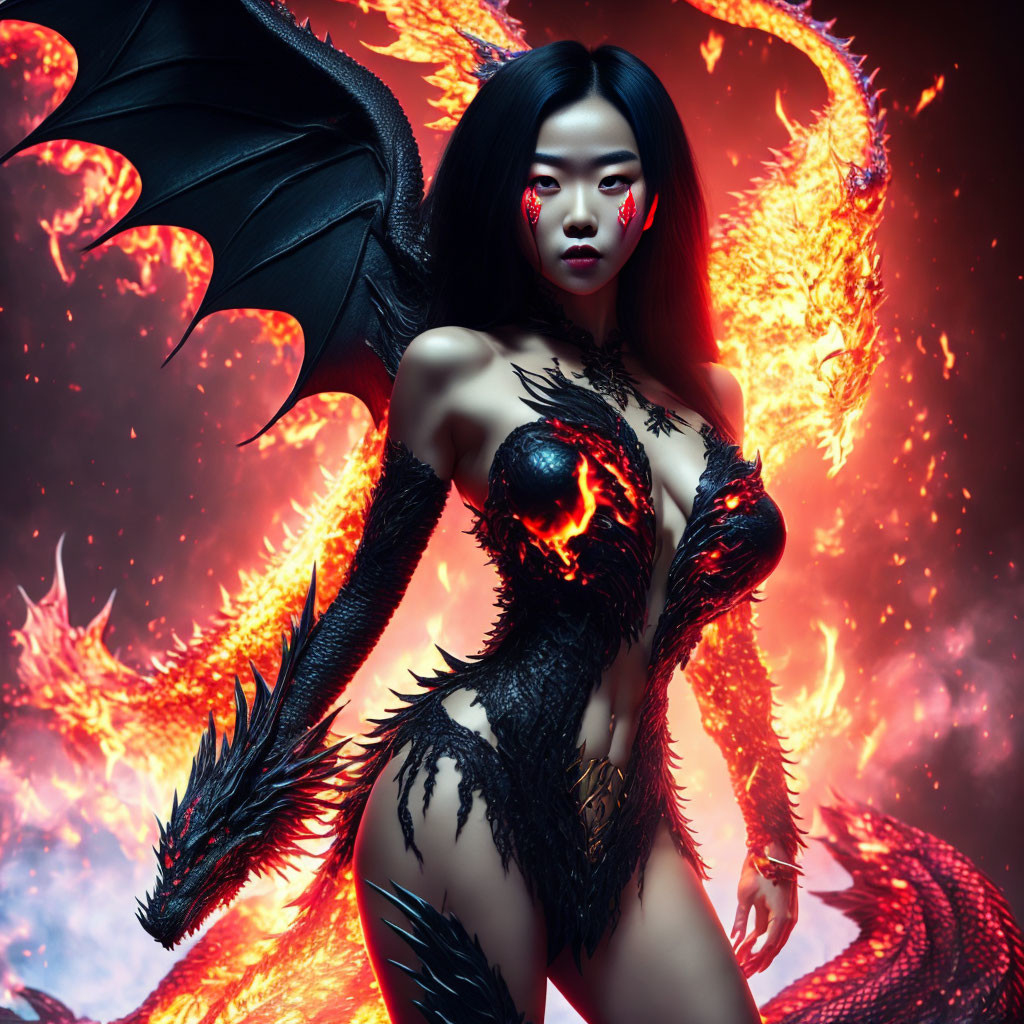 Dragon-themed female figure with wings in fiery fantasy setting