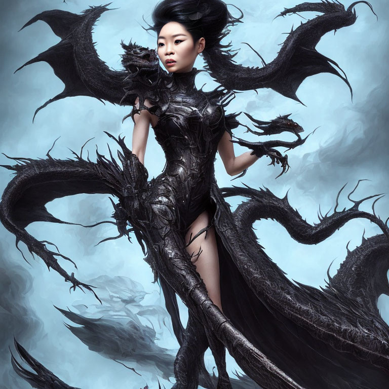 Elaborate Black Dragon Costume with Wing-like Attachments