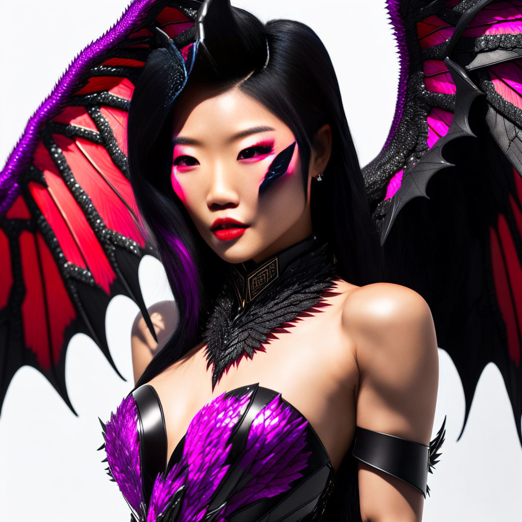 Woman with Pink Eye Makeup and Dragon-Like Wings in Fantasy Attire