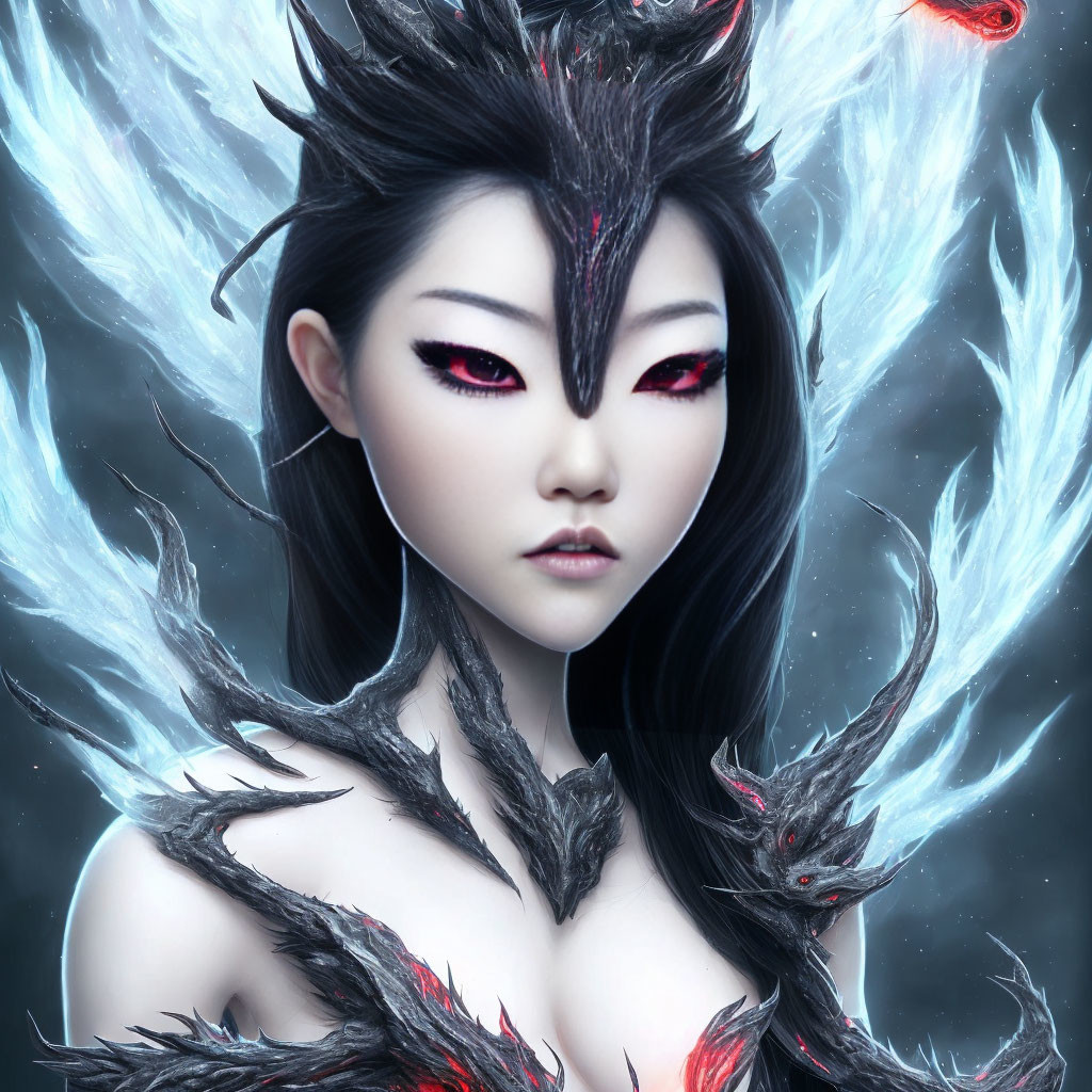 Fantastical female character with red eyes, pale skin, dark hair, and horn-like structures in