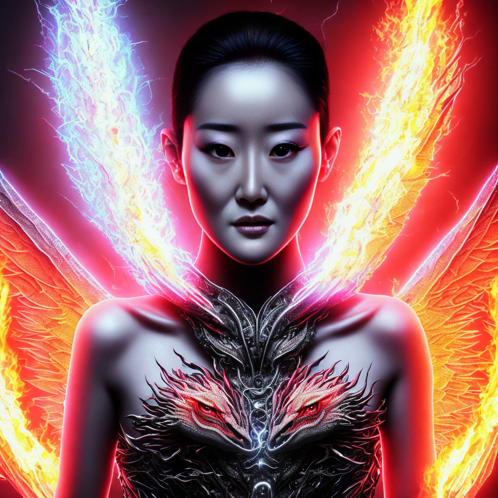 Striking makeup contrasts with vivid light and fire wings