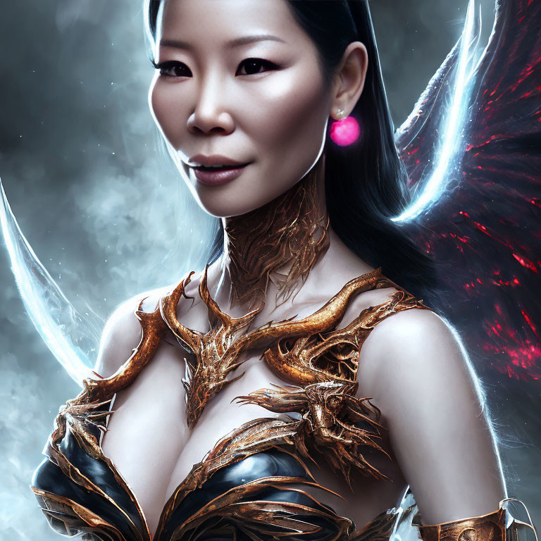 Elaborate golden armor woman with mystical aura and glowing earrings