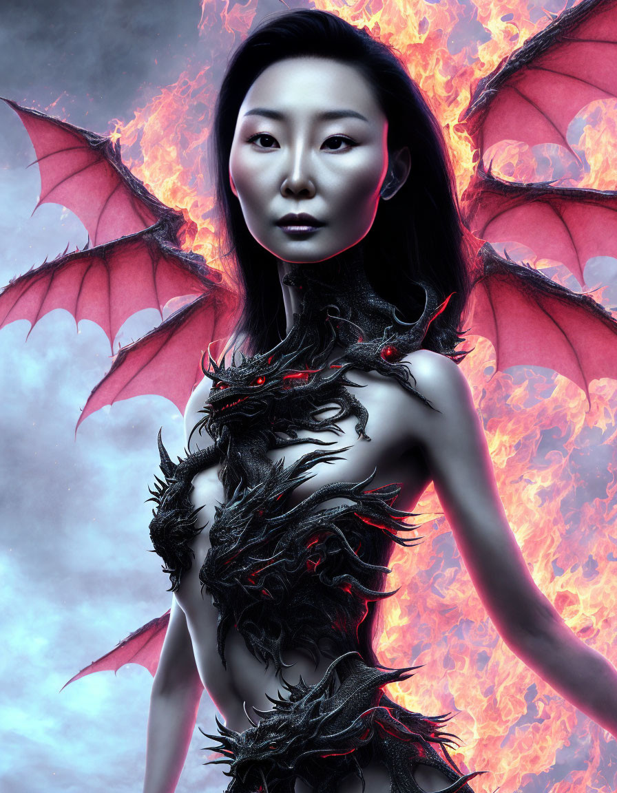 Fantasy portrait of a woman with dragon wings and dark armor