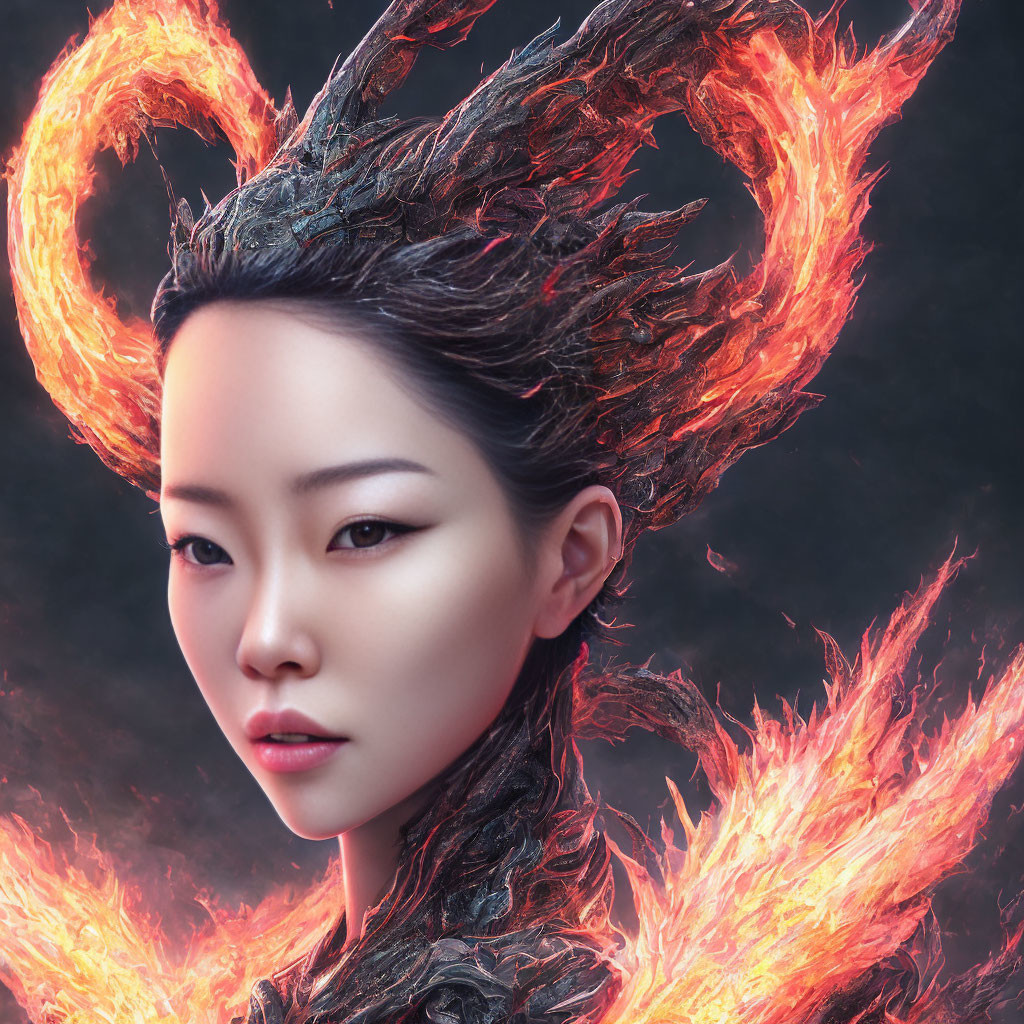 Digital artwork of woman with fiery horns and embers in hair