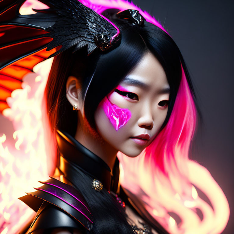 Pink-streaked hair woman with dramatic winged headgear in dark outfit