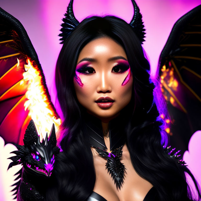 Fantasy character with dark horns and fiery wings on pink background