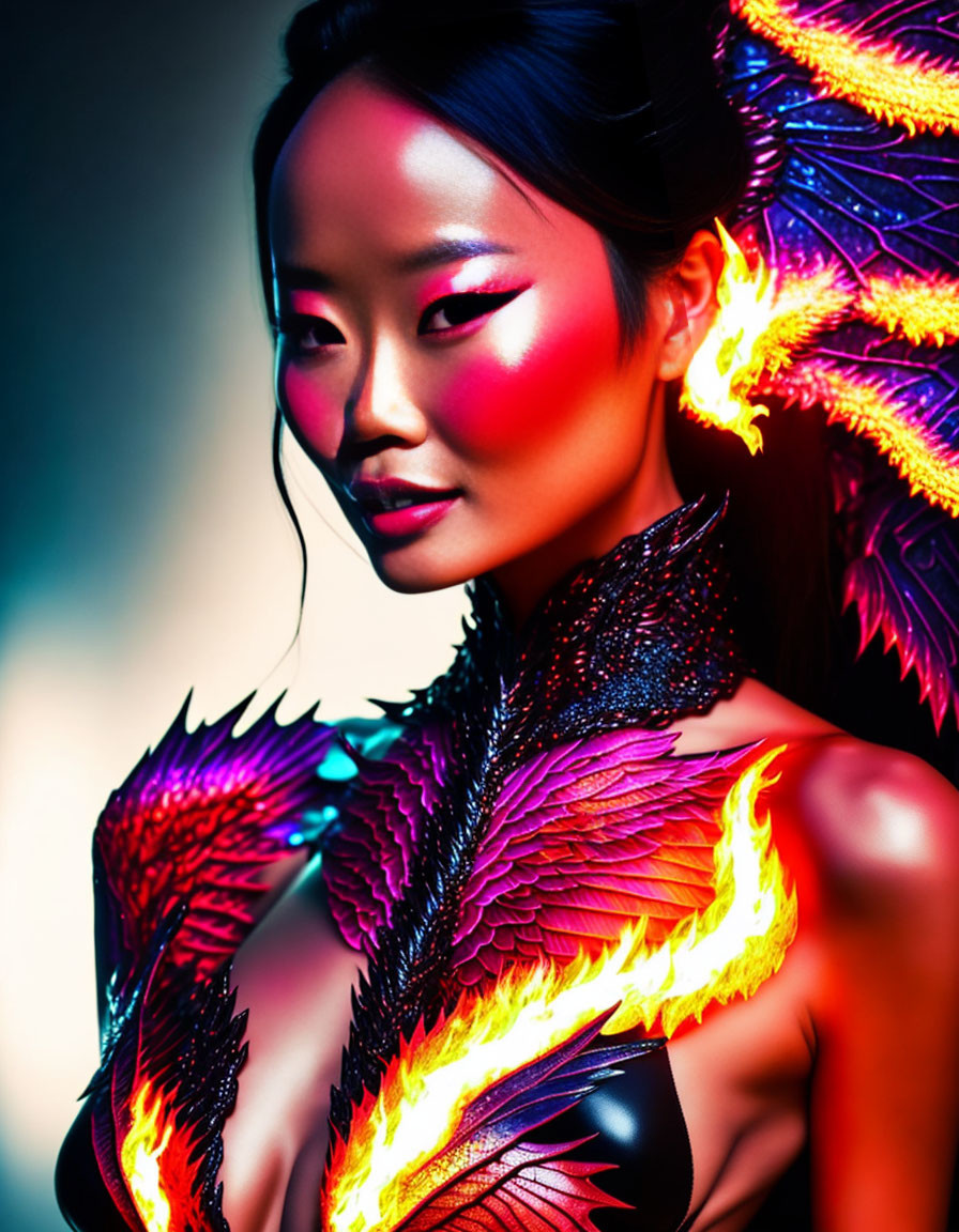 Close-Up of Model with Fiery Makeup and Body Art