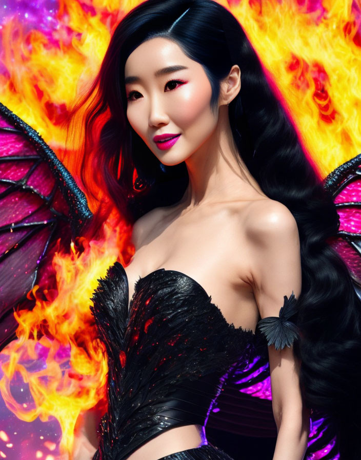 Fairy woman with wings in dark feathery outfit on fiery background