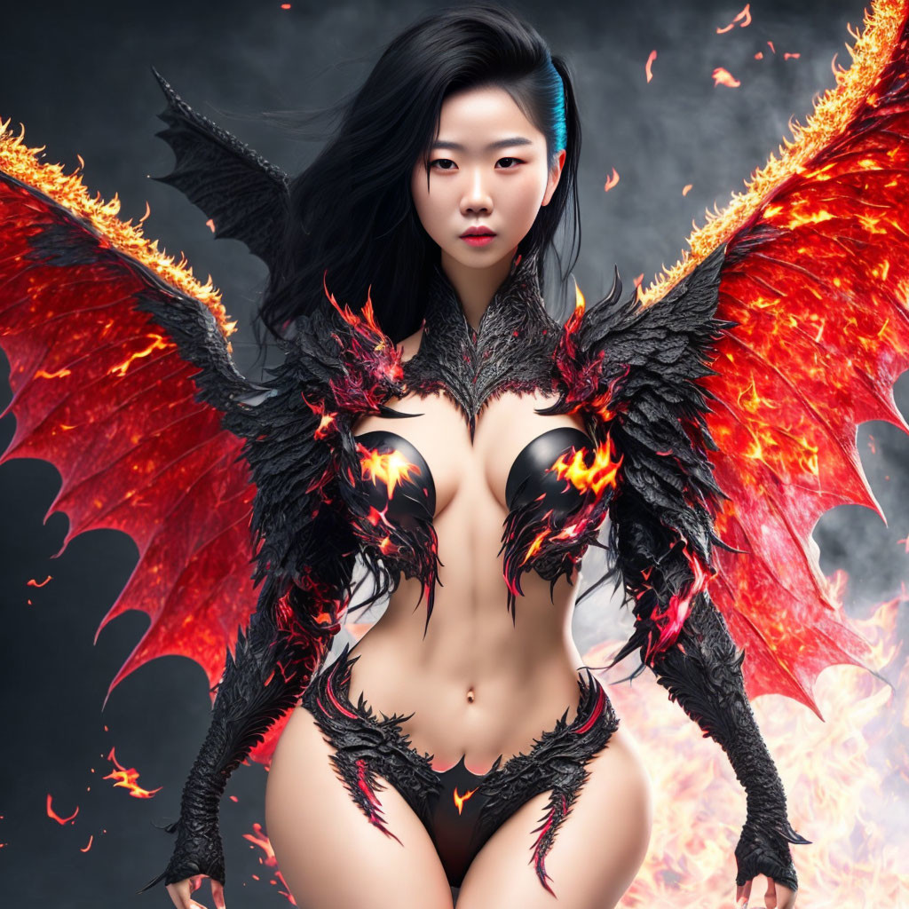 Fiery-winged woman in dark armor on smoky backdrop