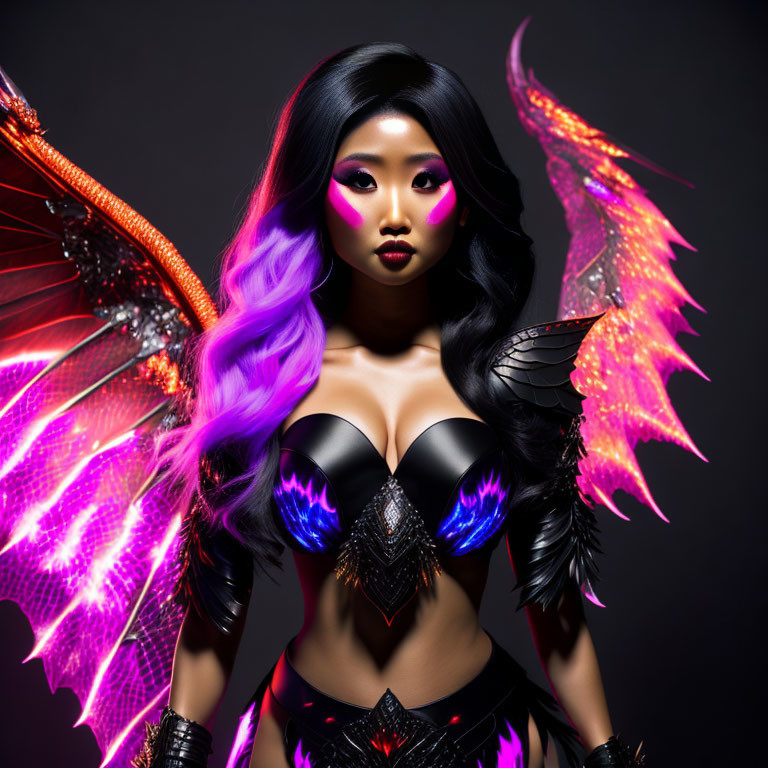 Fantasy-themed artwork: Woman with purple hair and glowing wings in black armor